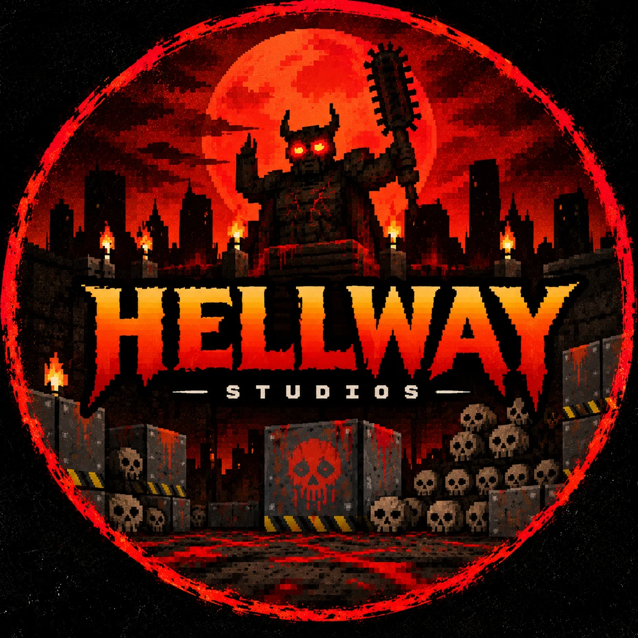 Hellway Studios blood moon crest, a pixel demon looming over a ruined city